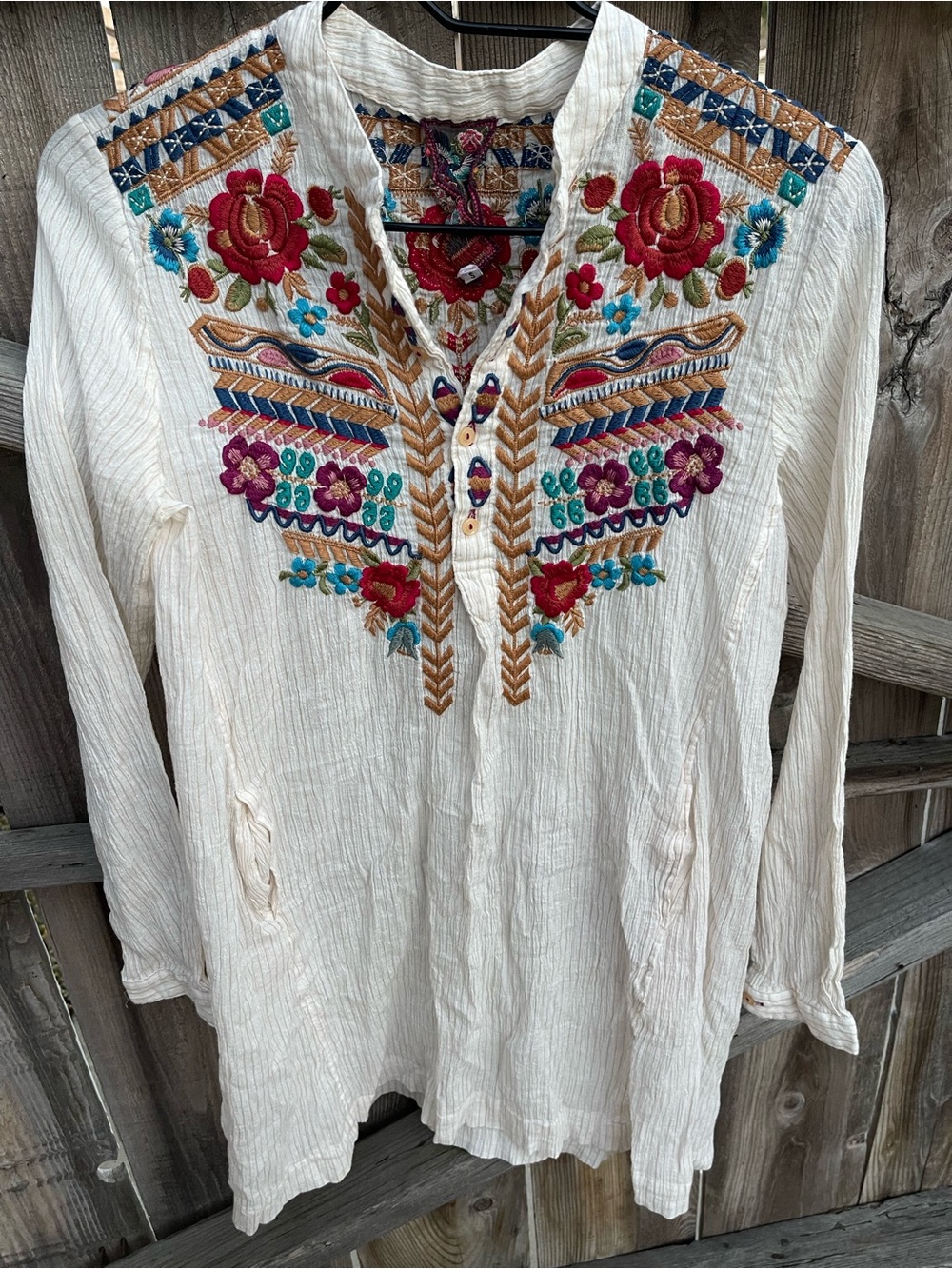 Johnny Was Briza Gauze Blouse Embroidered Floral Boho Cotton Tunic Top Pockets S